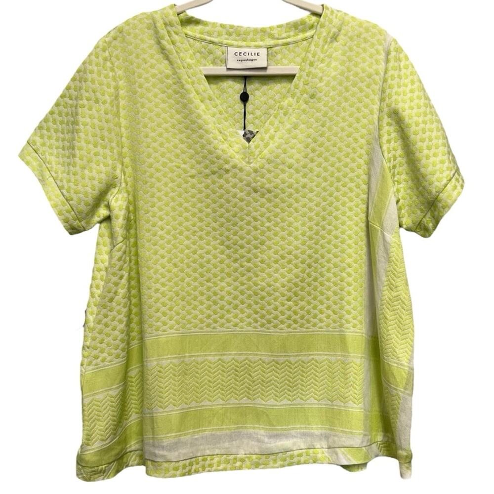 Cecilie Copenhagen Green White Women’s Short Sleeve 100% Cotton Top Size Large